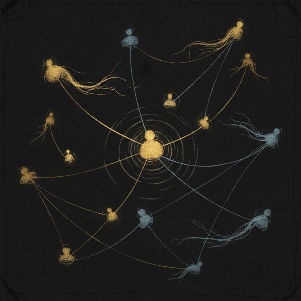 An emotional cartography — nodes joined by warm and cold threads